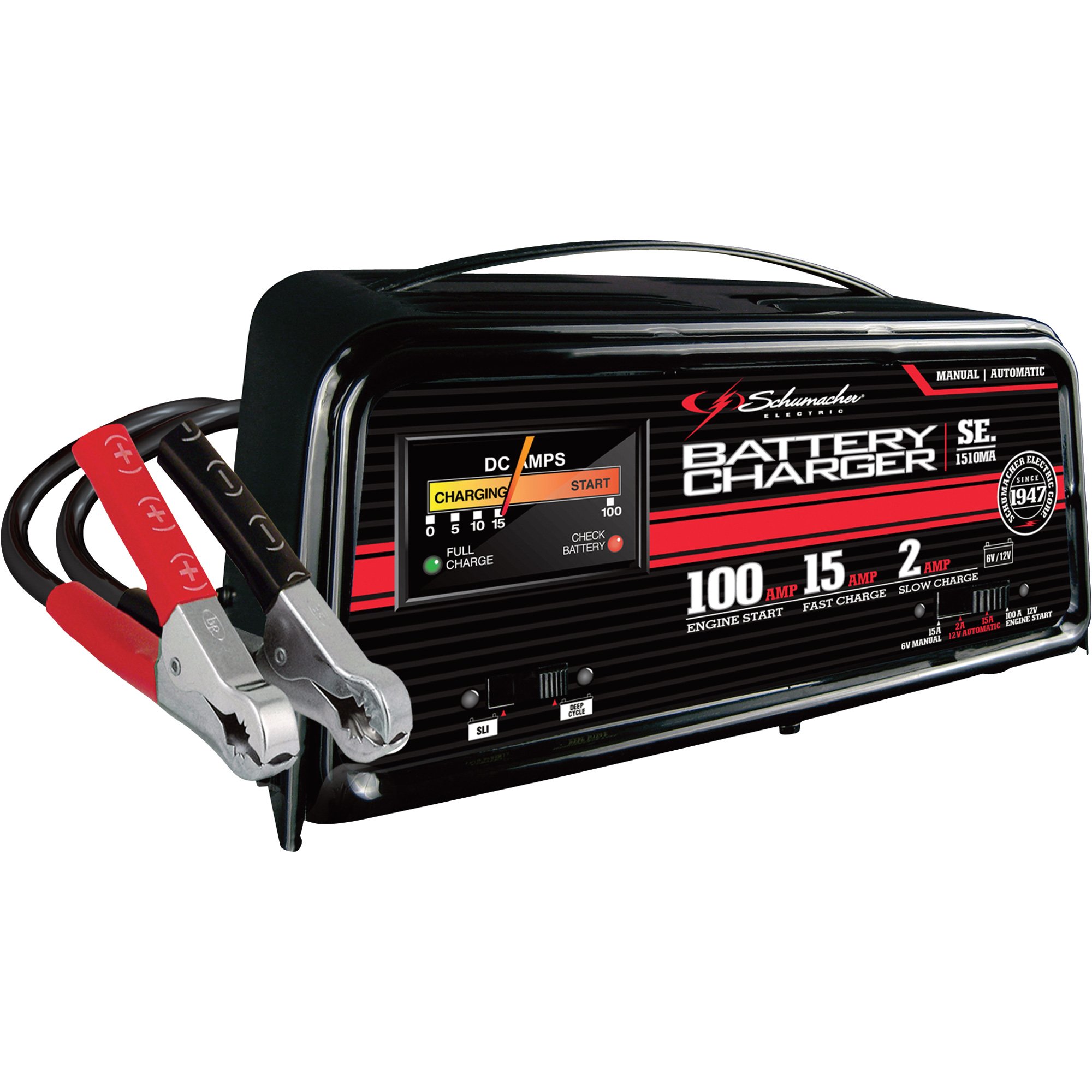 Schumacher Handheld Battery Charger with Engine Start — 6/12 Volt, 2/15/100 Amps, Automatic, Model# SE-1510MA